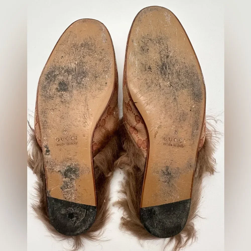 Gucci Princetown Horsebit Brown GG Print Canvas Fur Slippers Loafers US 7 EU 41